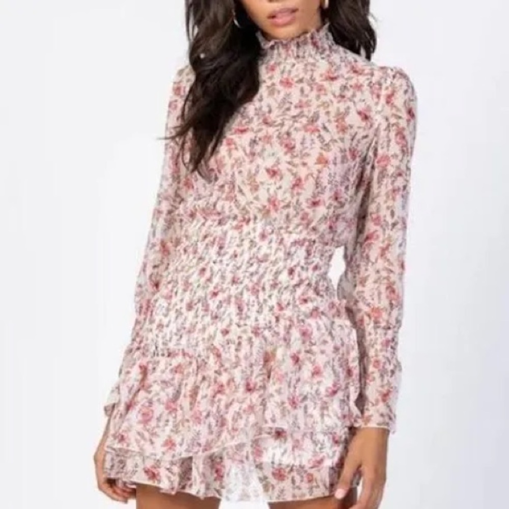 Princess Polly Cream & Pink Floral Smocked Long-Sleeve Mini Dress